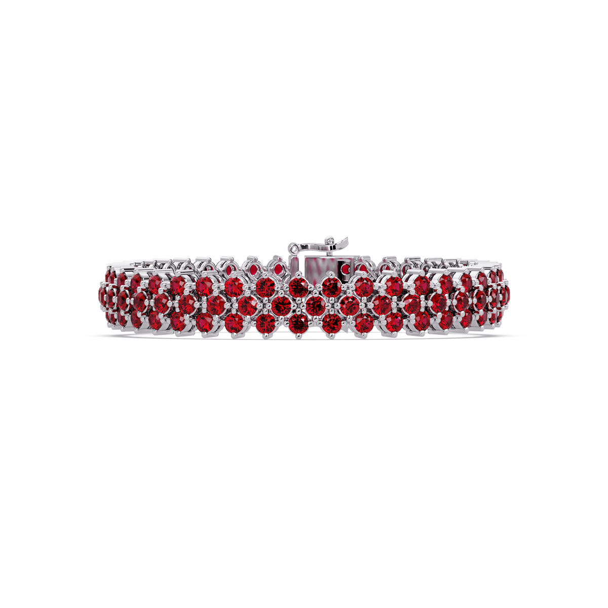 Diamond-lattice round ruby red colorstone tennis bracelet in white gold