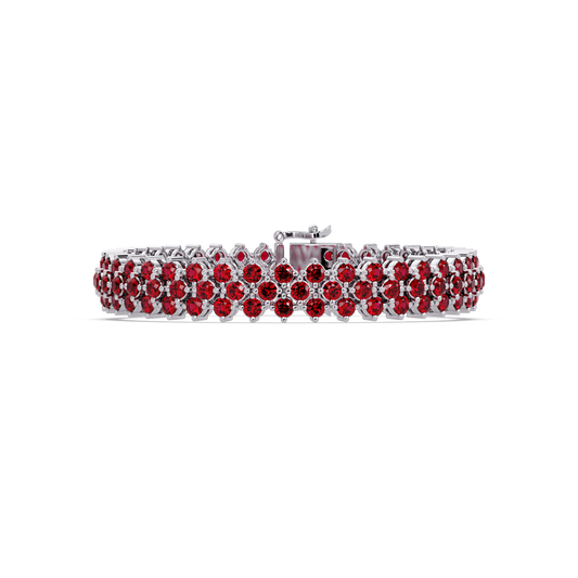 Diamond-lattice round ruby red colorstone tennis bracelet in white gold