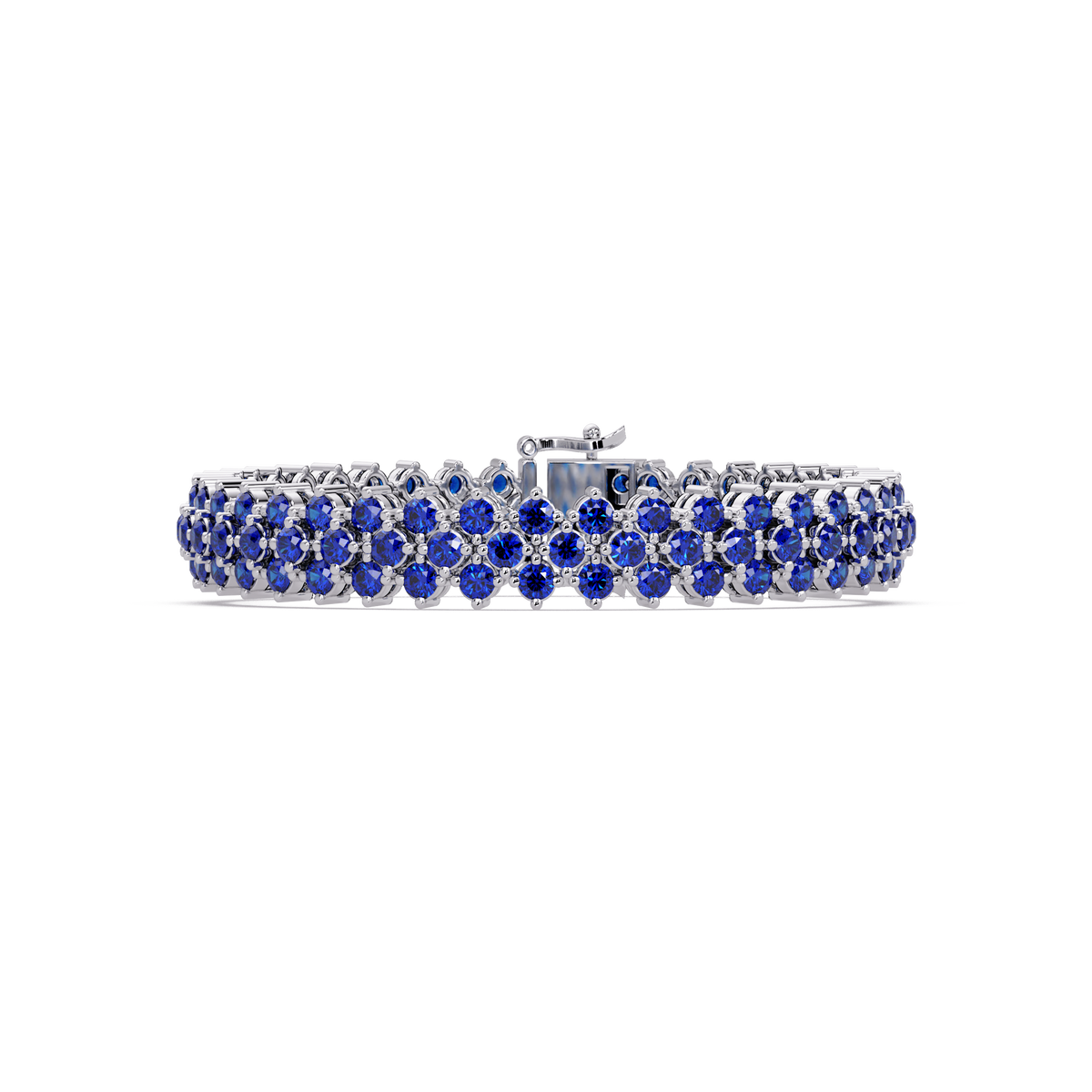 Diamond-lattice round sapphire blue colorstone tennis bracelet in white gold