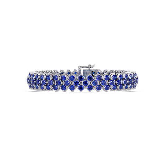 Diamond-lattice round sapphire blue colorstone tennis bracelet in white gold