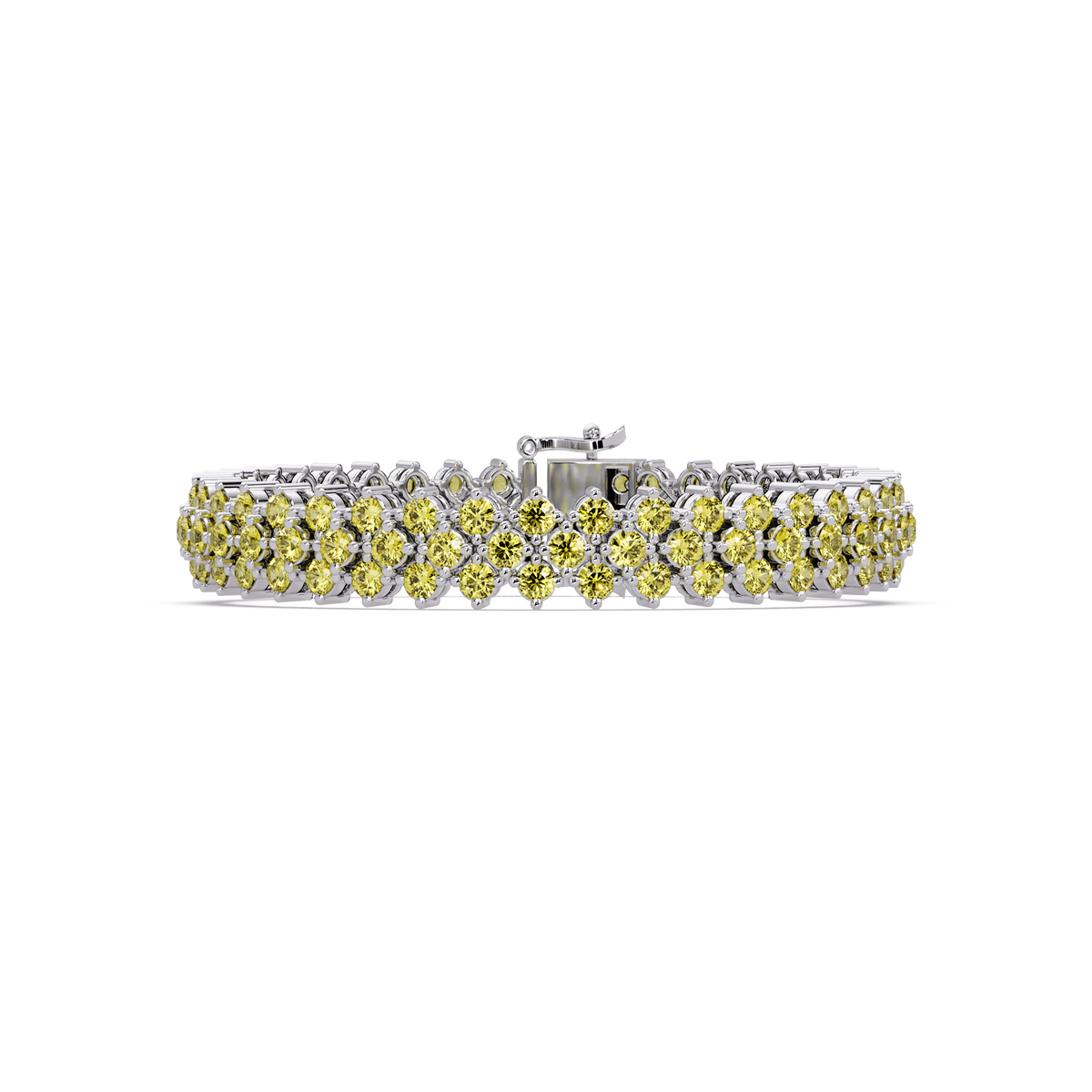 Diamond-lattice round citrine yellow colorstone tennis bracelet in white gold