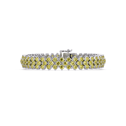 Diamond-lattice round citrine yellow colorstone tennis bracelet in white gold