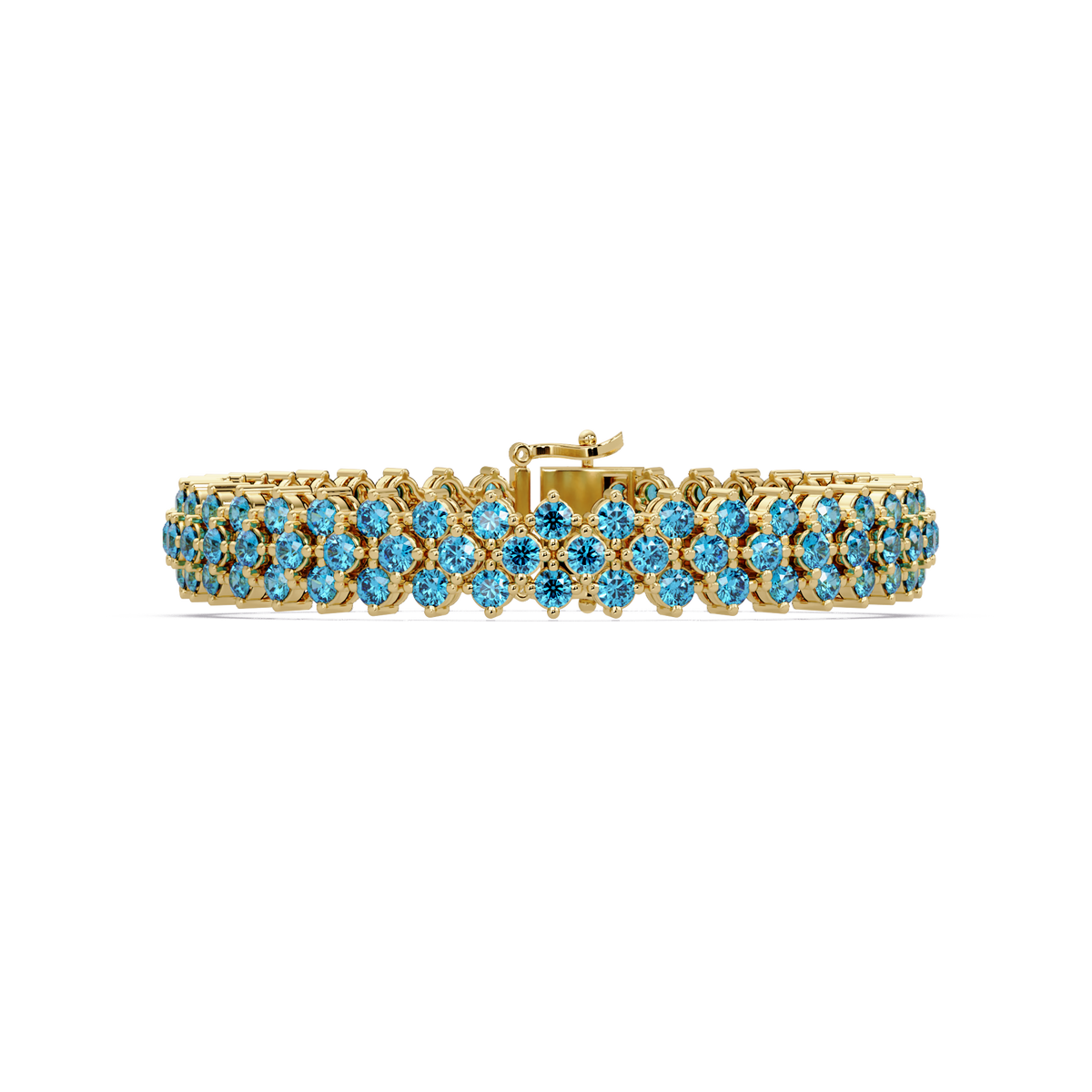 Diamond-lattice round aquamarine blue colorstone tennis bracelet in yellow gold