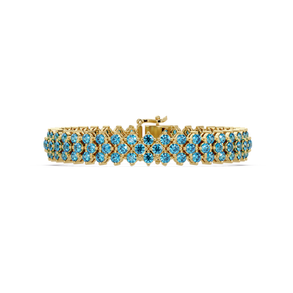 Diamond-lattice round aquamarine blue colorstone tennis bracelet in yellow gold