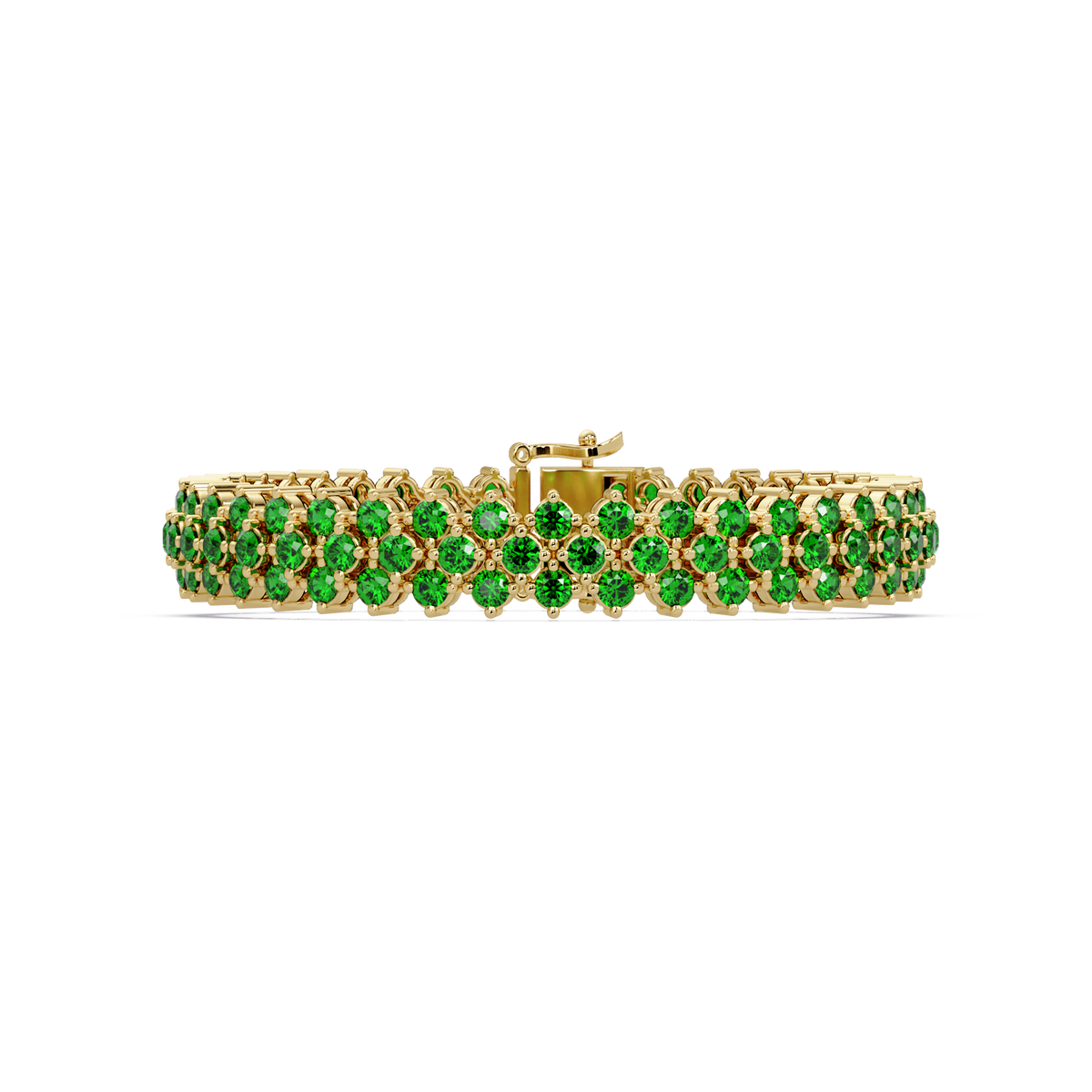 Diamond-lattice round emerald green colorstone tennis bracelet in yellow gold