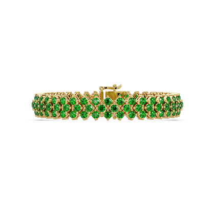 Diamond-lattice round emerald green colorstone tennis bracelet in yellow gold