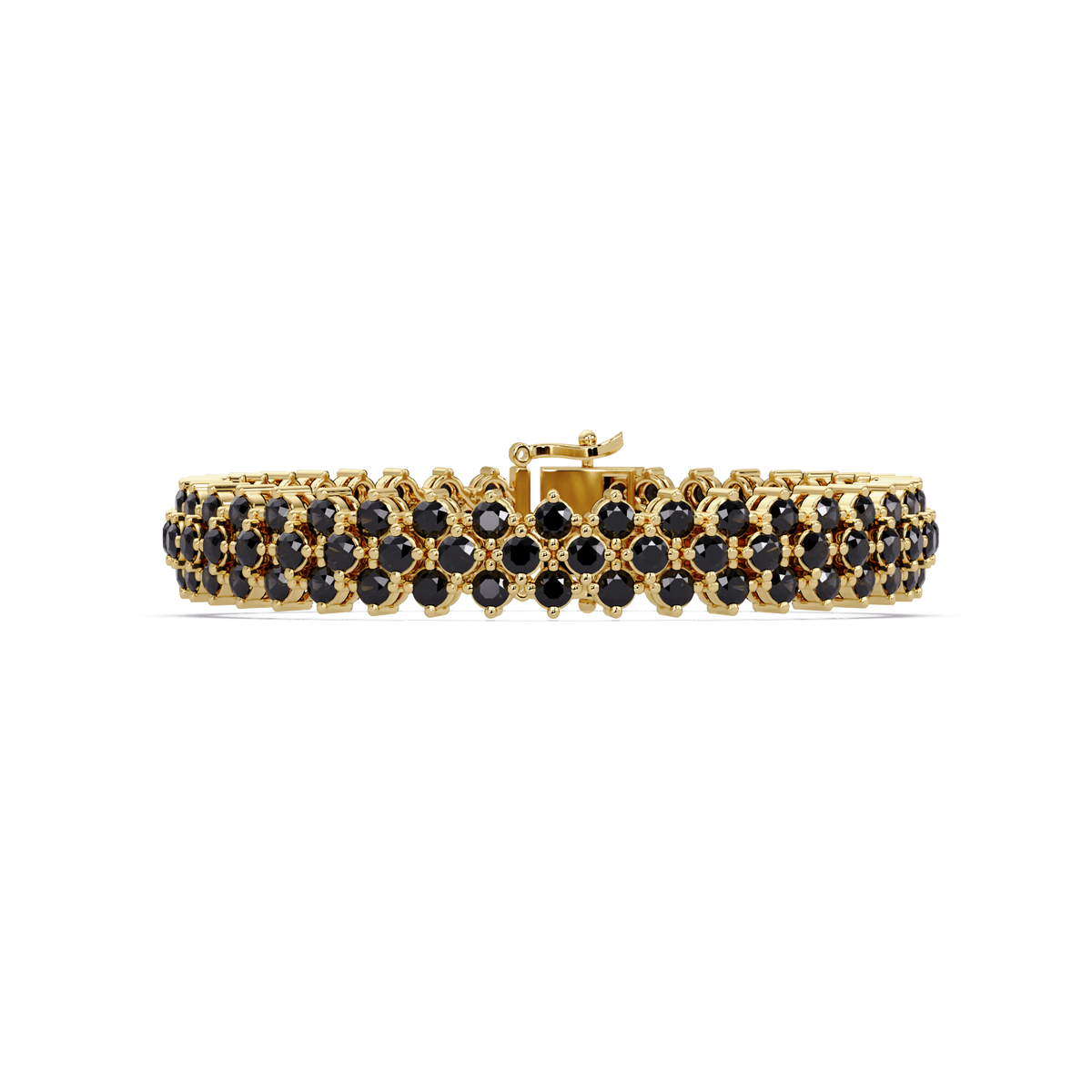 Diamond-lattice round onyx colorstone tennis bracelet in yellow gold