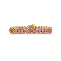 Diamond-lattice round tourmaline pink colorstone tennis bracelet in yellow gold