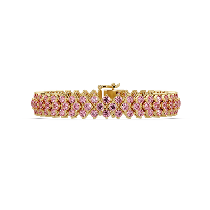 Diamond-lattice round tourmaline pink colorstone tennis bracelet in yellow gold