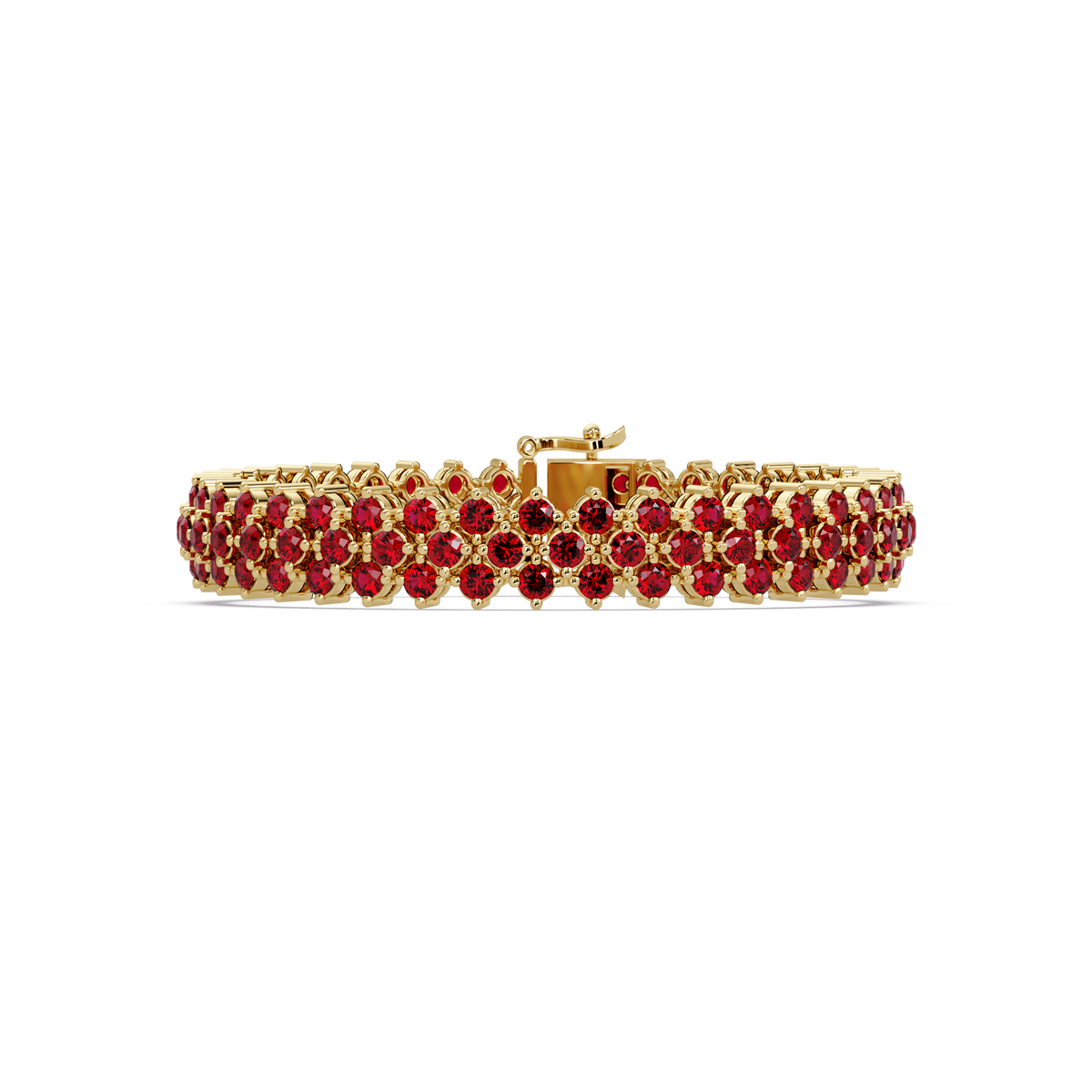 Diamond-lattice round ruby red colorstone tennis bracelet in yellow gold