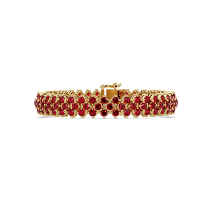 Diamond-lattice round ruby red colorstone tennis bracelet in yellow gold