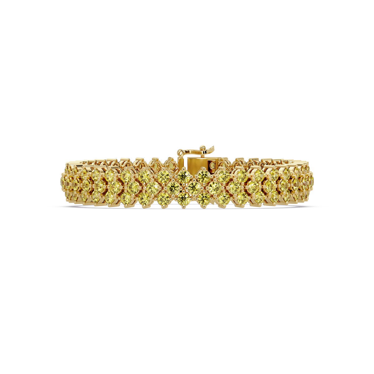 Diamond-lattice round citrine yellow colorstone tennis bracelet in yellow gold