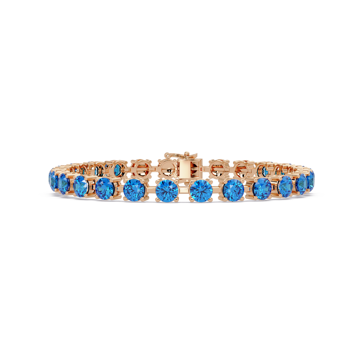 Classic round aquamarine blue colorstone tennis bracelet in rose gold