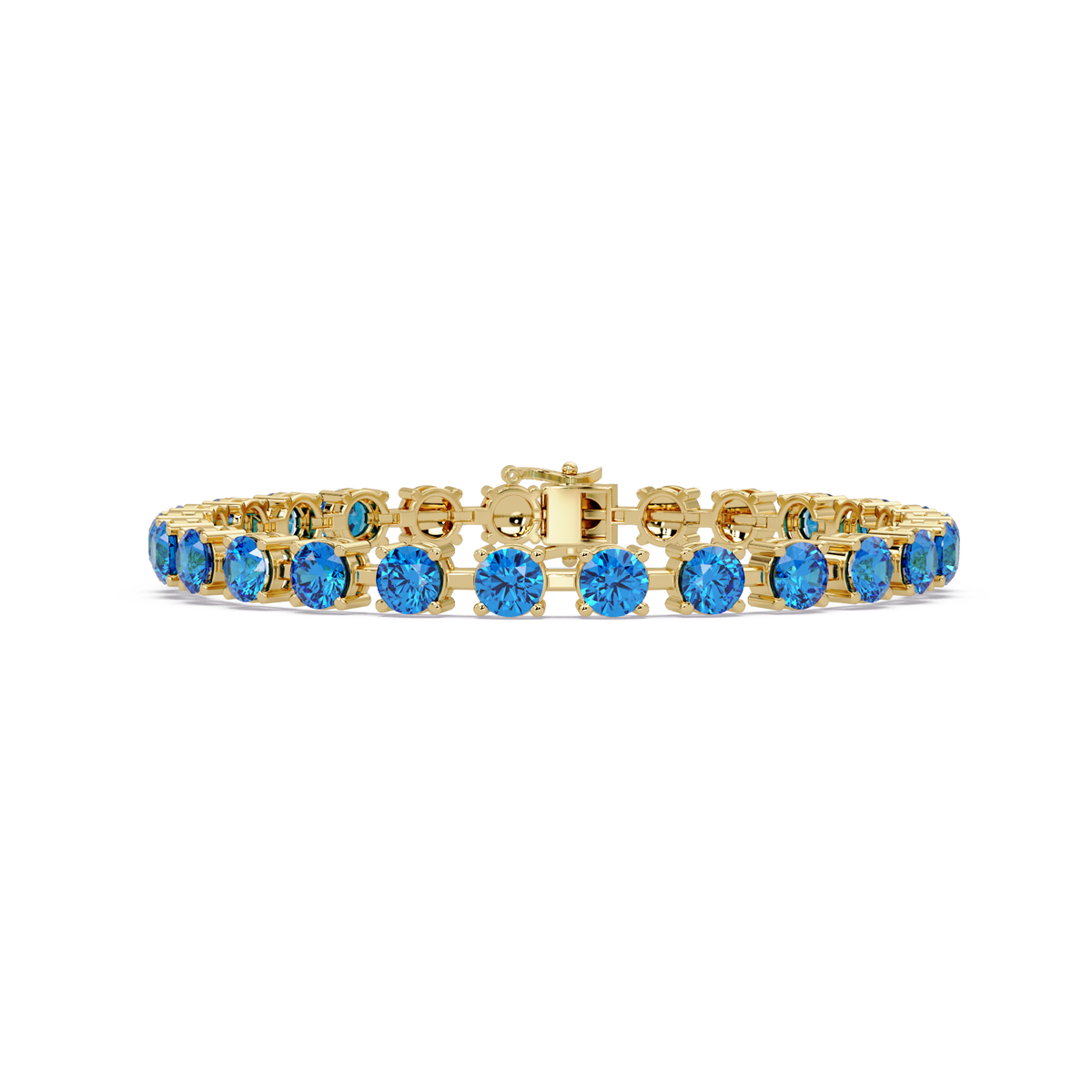 Classic round aquamarine blue colorstone tennis bracelet in yellow gold