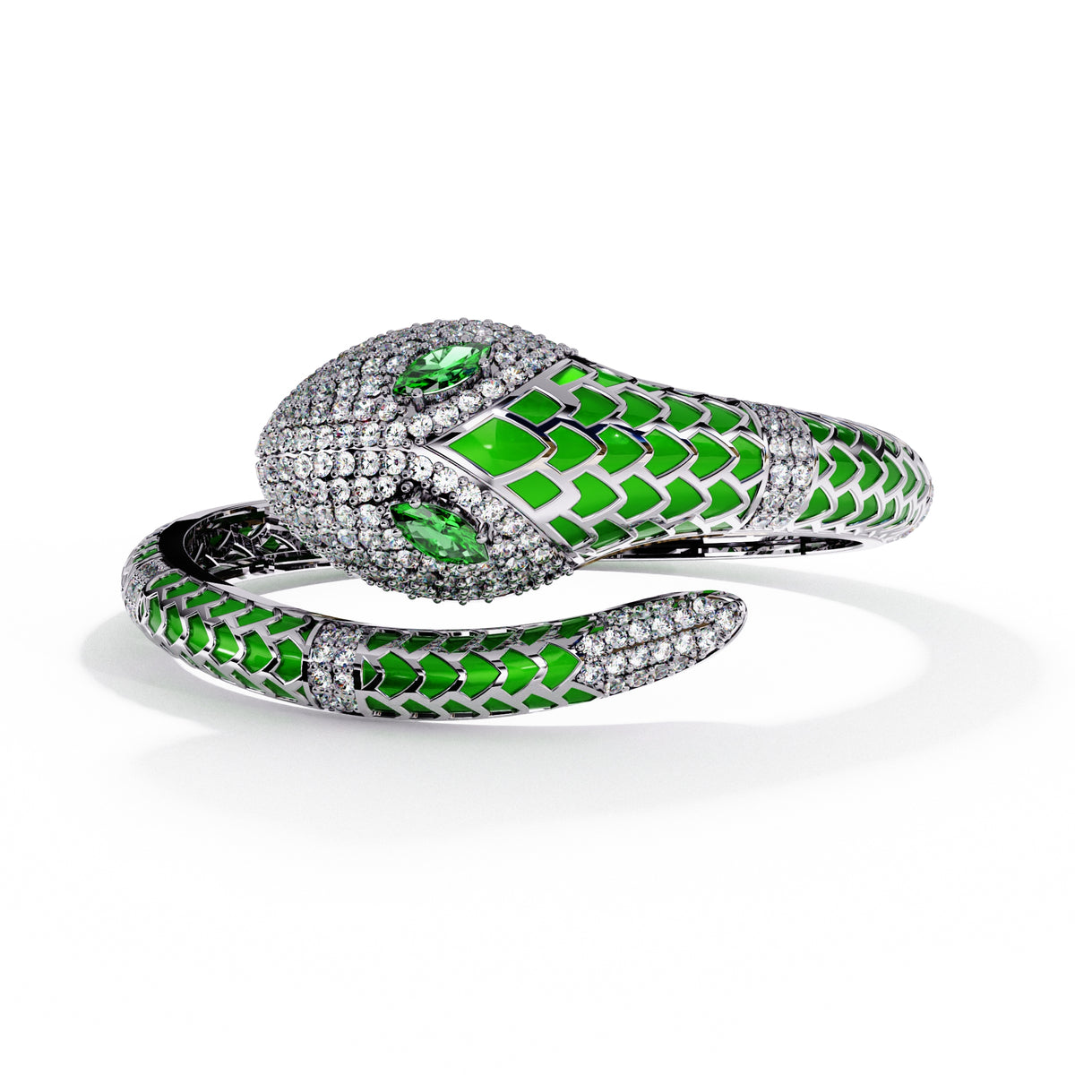 Green enamel serpent colorstone wrap bangle front view