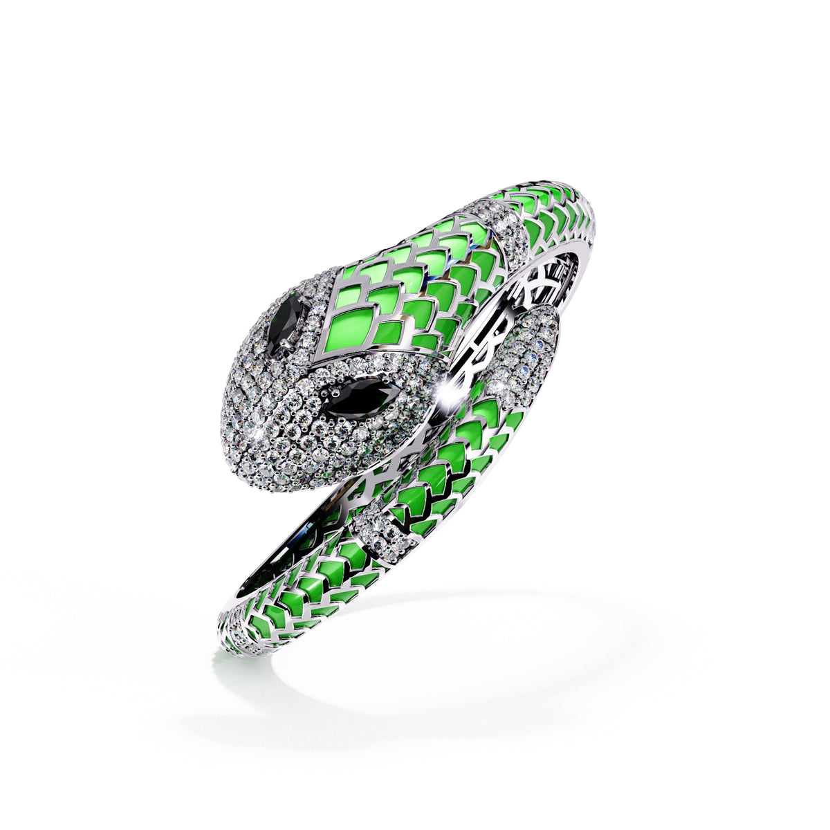 Green enamel serpent colorstone wrap bangle open view