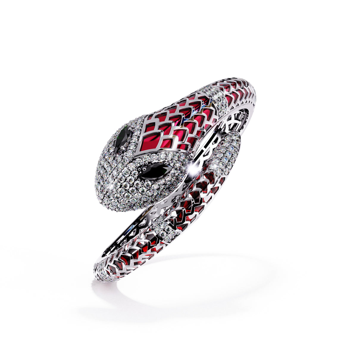 Ruby red enamel serpent colorstone wrap bangle angled view