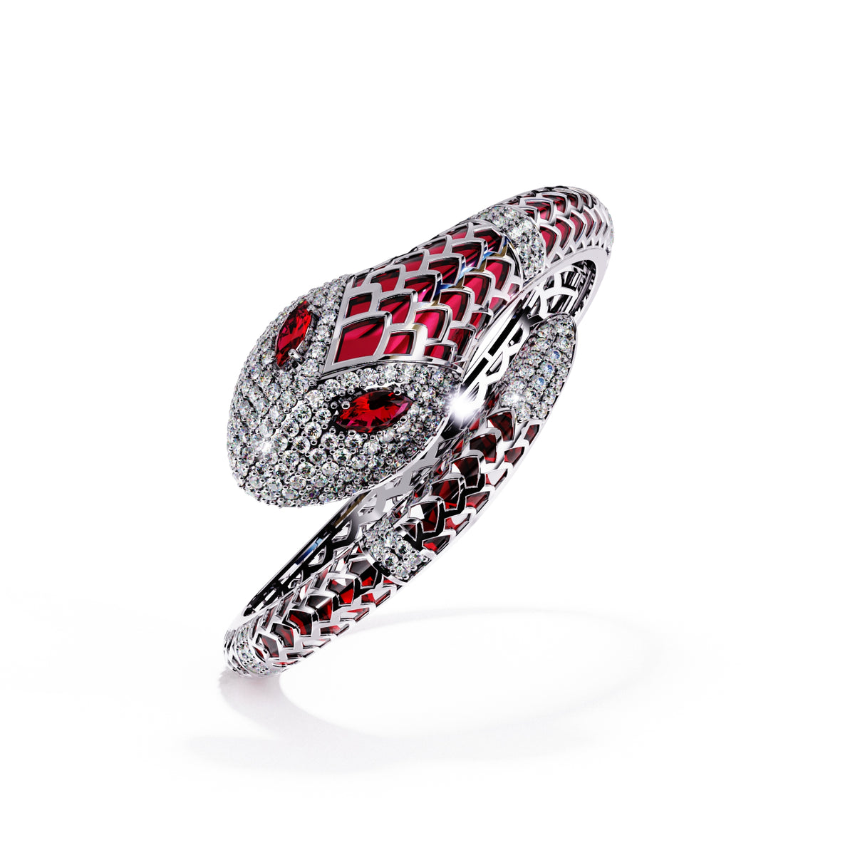 Ruby red enamel serpent colorstone wrap bangle front view