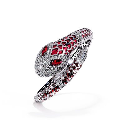 Ruby red enamel serpent colorstone wrap bangle front view