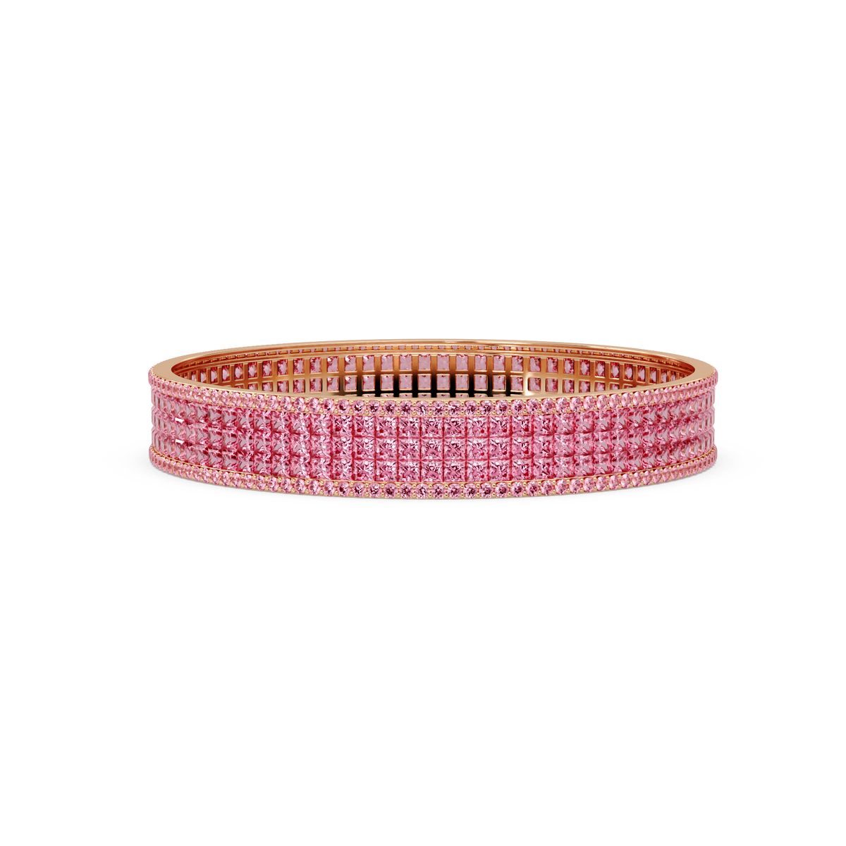 Princess-cut tourmaline pink colorstone multi-row bangle in rose gold