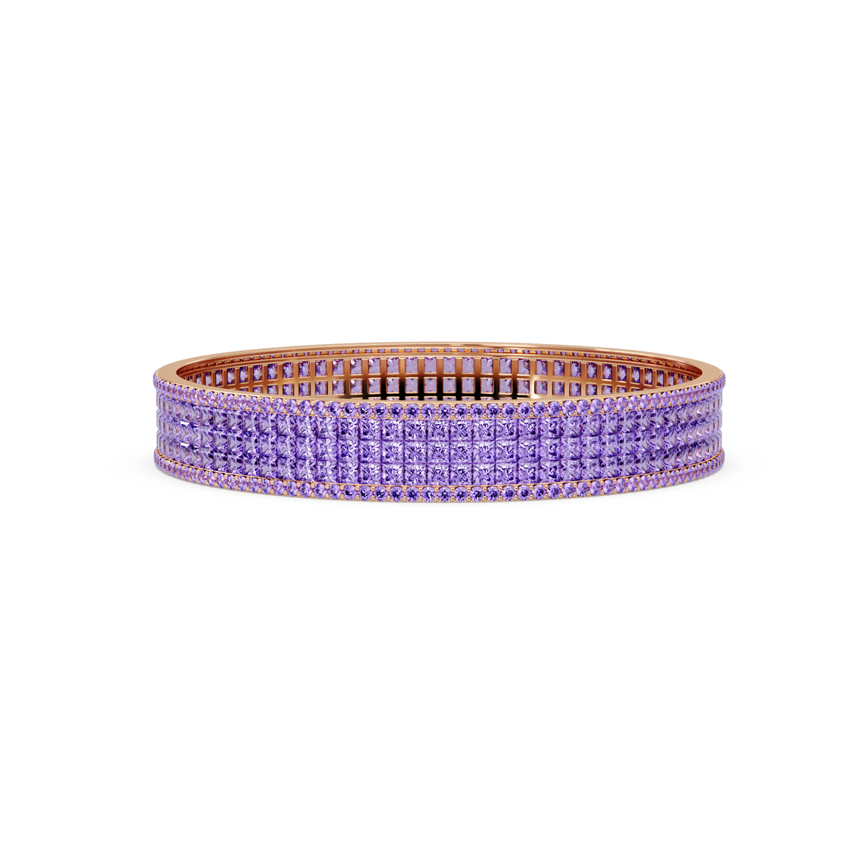 Princess-cut amethyst purple colorstone multi-row bangle in rose gold