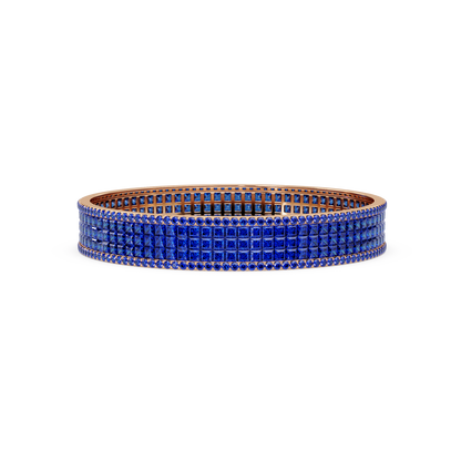 Princess-cut sapphire blue colorstone multi-row bangle in rose gold