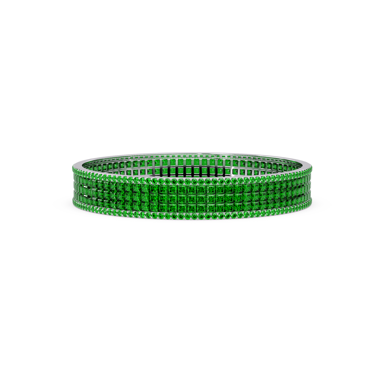 Princess-cut emerald green colorstone multi-row bangle in white gold