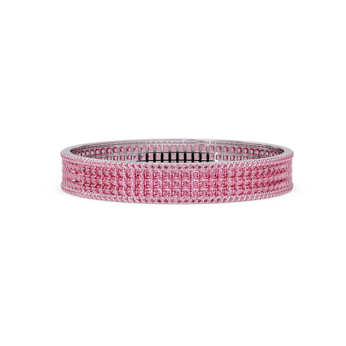 Princess-cut tourmaline pink colorstone multi-row bangle in white gold