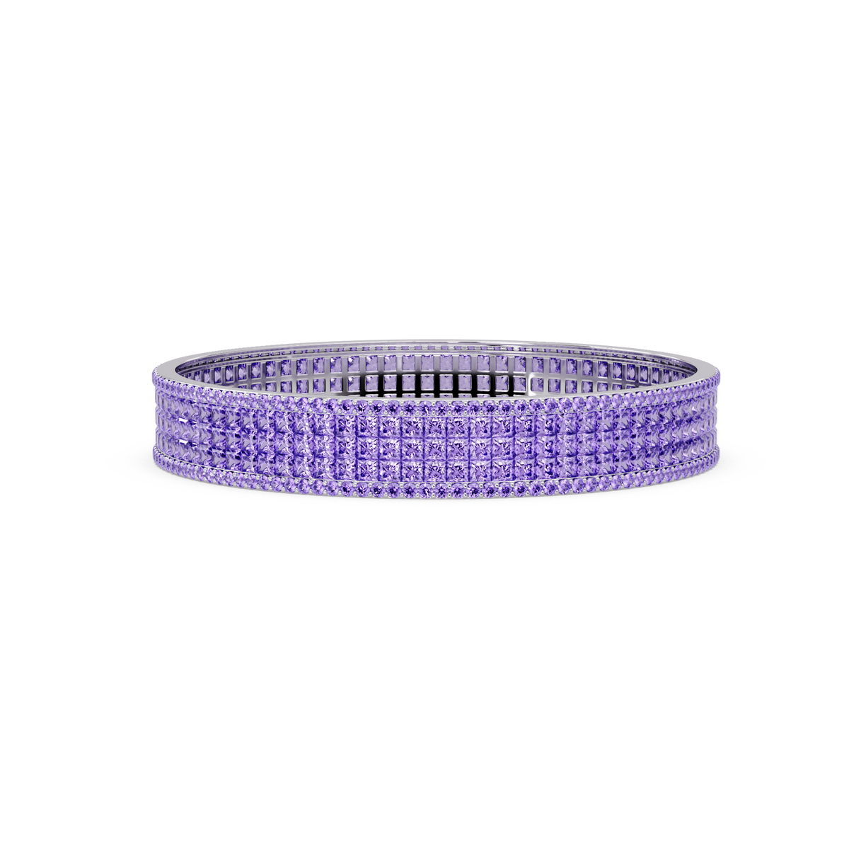 Princess-cut amethyst purple colorstone multi-row bangle in white gold