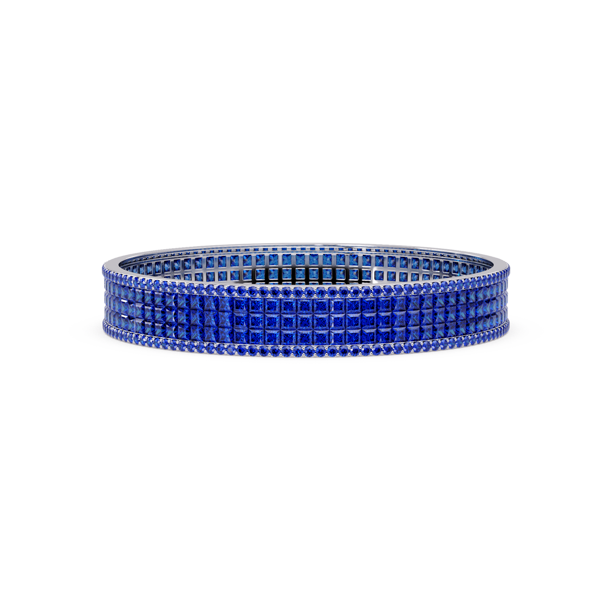 Princess-cut sapphire blue colorstone multi-row bangle in white gold