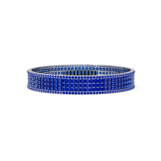 Princess-cut sapphire blue colorstone multi-row bangle in white gold