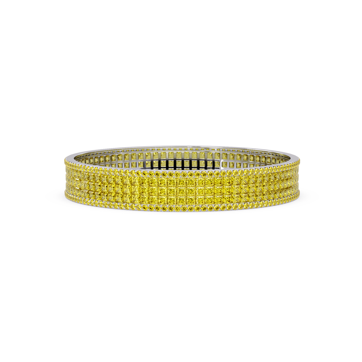 Princess-cut citrine yellow colorstone multi-row bangle in white gold