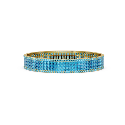Princess-cut aquamarine blue colorstone multi-row bangle in yellow gold