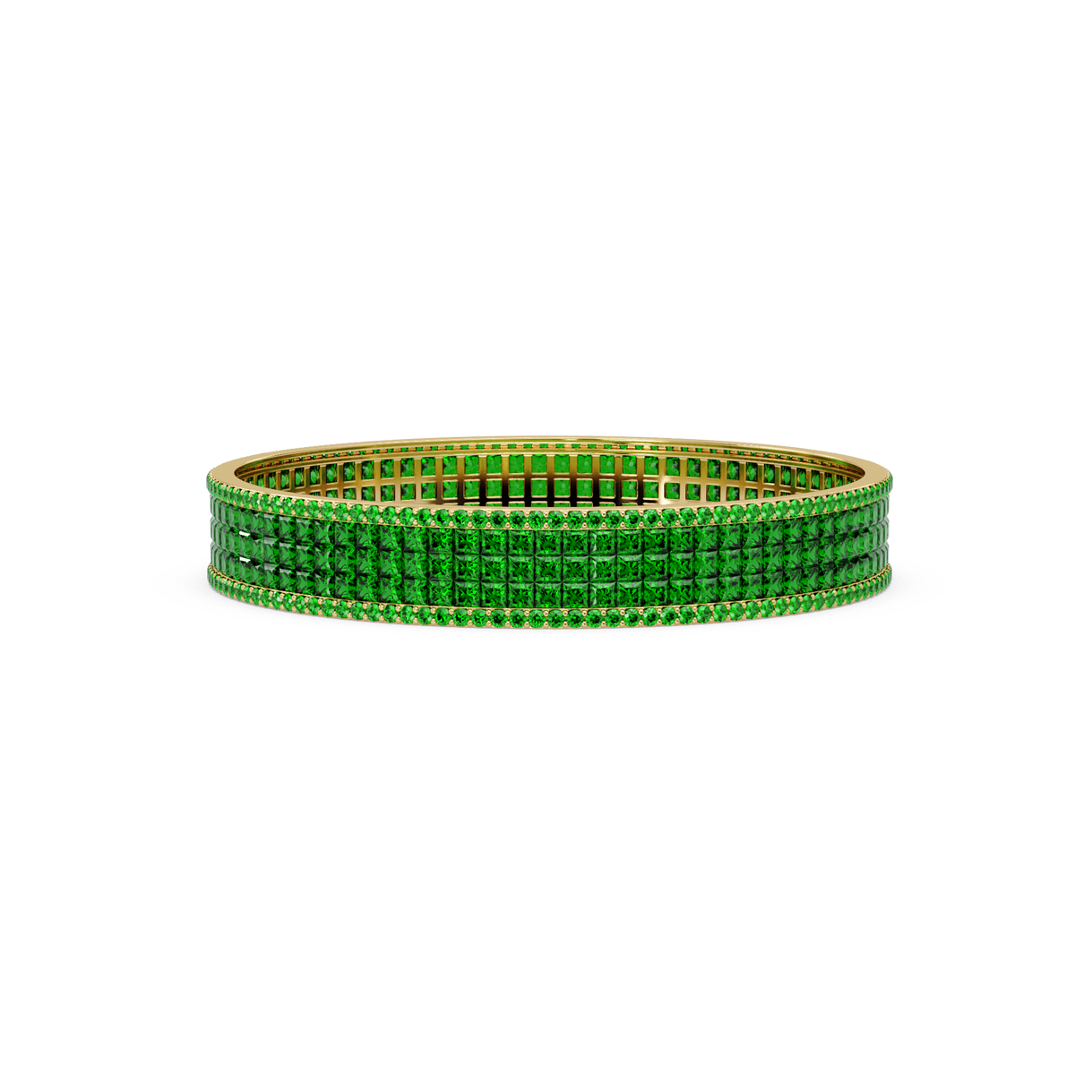 Princess-cut emerald green colorstone multi-row bangle in yellow gold