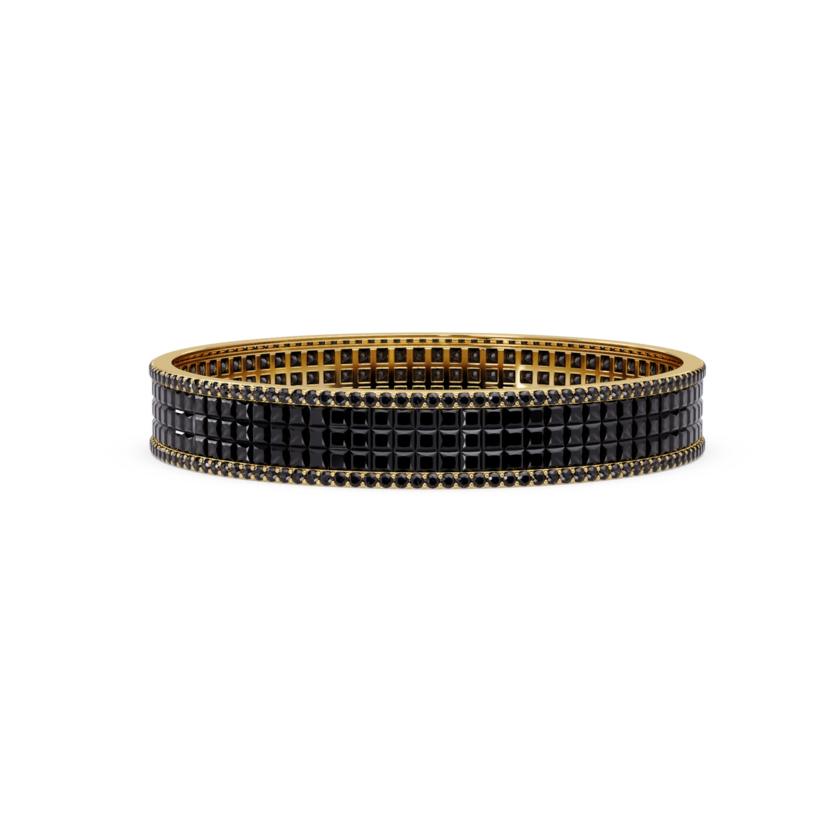 Princess-cut onyx colorstone multi-row bangle in yellow gold