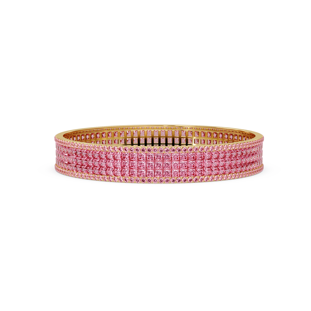Princess-cut tourmaline pink colorstone multi-row bangle in yellow gold