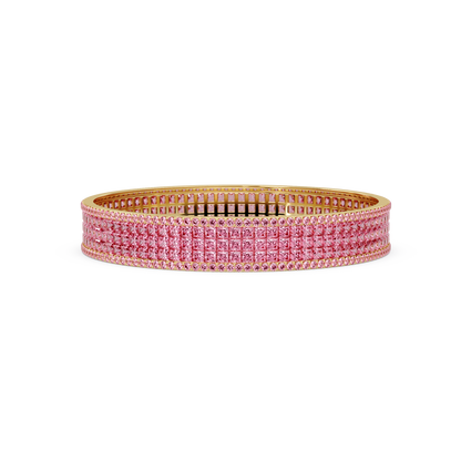 Princess-cut tourmaline pink colorstone multi-row bangle in yellow gold