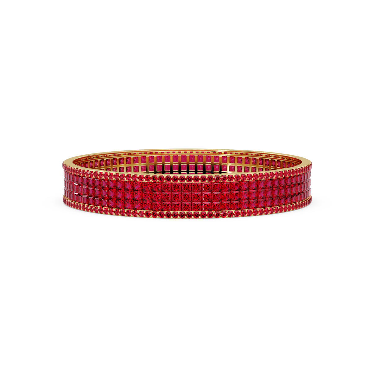 Princess-cut ruby red colorstone multi-row bangle in yellow gold