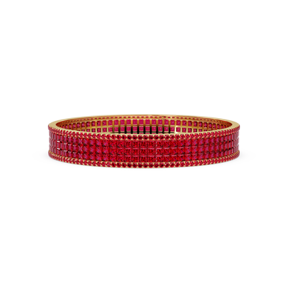 Princess-cut ruby red colorstone multi-row bangle in yellow gold