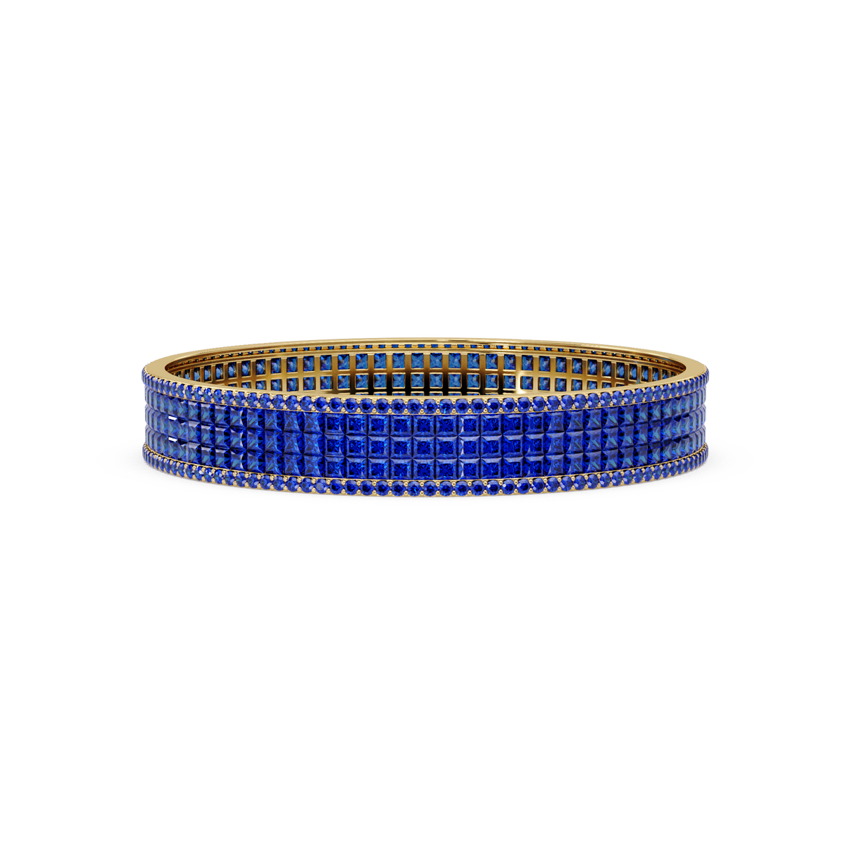 Princess-cut sapphire blue colorstone multi-row bangle in yellow gold