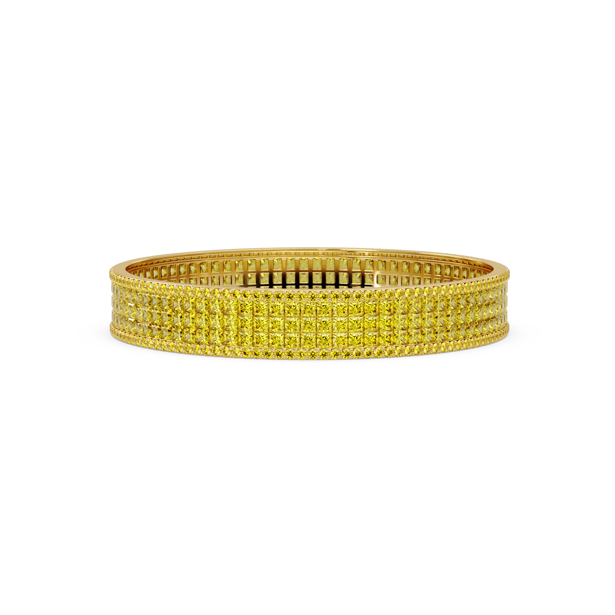 Princess-cut citrine yellow colorstone multi-row bangle in yellow gold