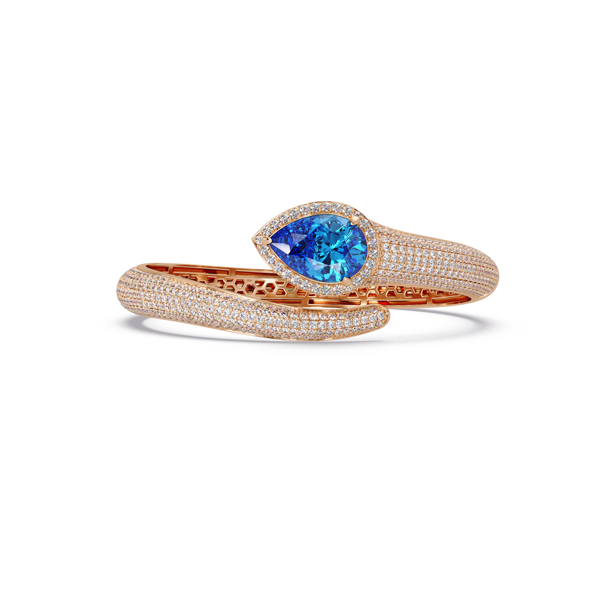 Lunéa Paris pear gemstone pavé open cuff bracelet in rose gold, aquamarine blue stone