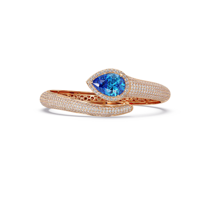 Lunéa Paris pear gemstone pavé open cuff bracelet in rose gold, aquamarine blue stone