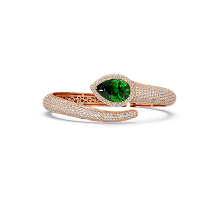 Lunéa Paris pear gemstone pavé open cuff bracelet in rose gold, emerald green stone