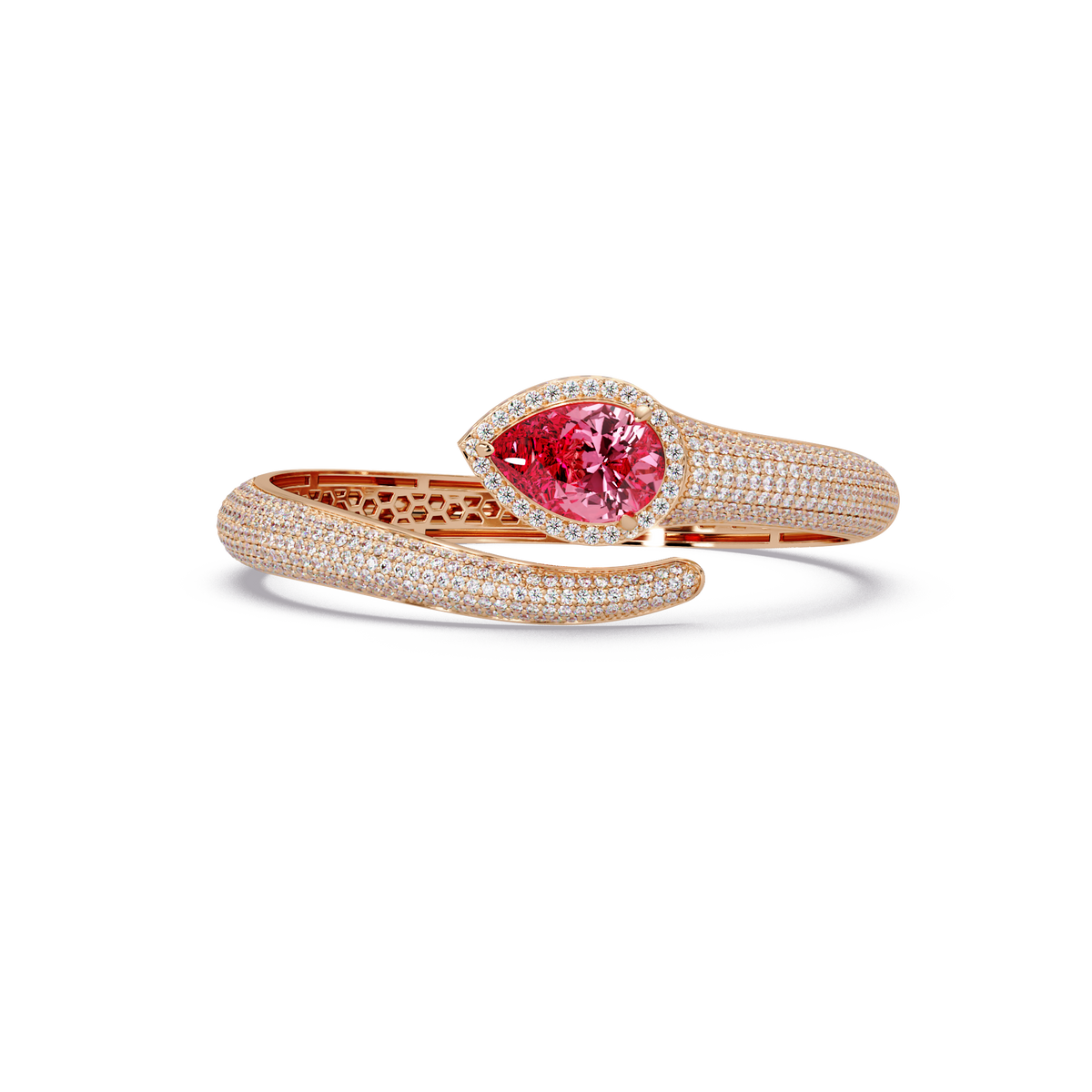 Lunéa Paris pear gemstone pavé open cuff bracelet in rose gold, tourmaline pink stone