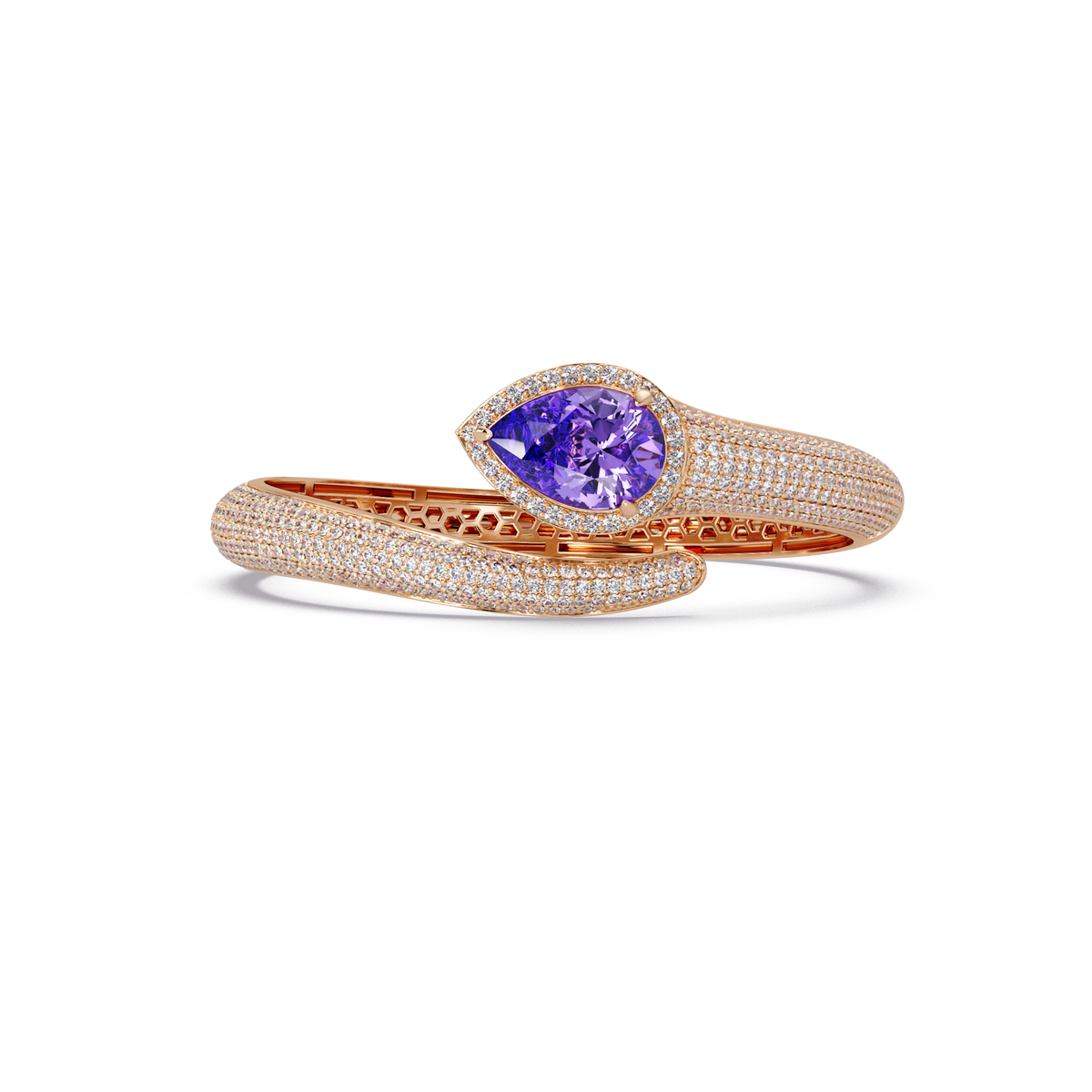 Lunéa Paris pear gemstone pavé open cuff bracelet in rose gold, amethyst purple stone