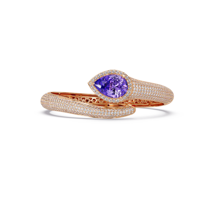 Lunéa Paris pear gemstone pavé open cuff bracelet in rose gold, amethyst purple stone