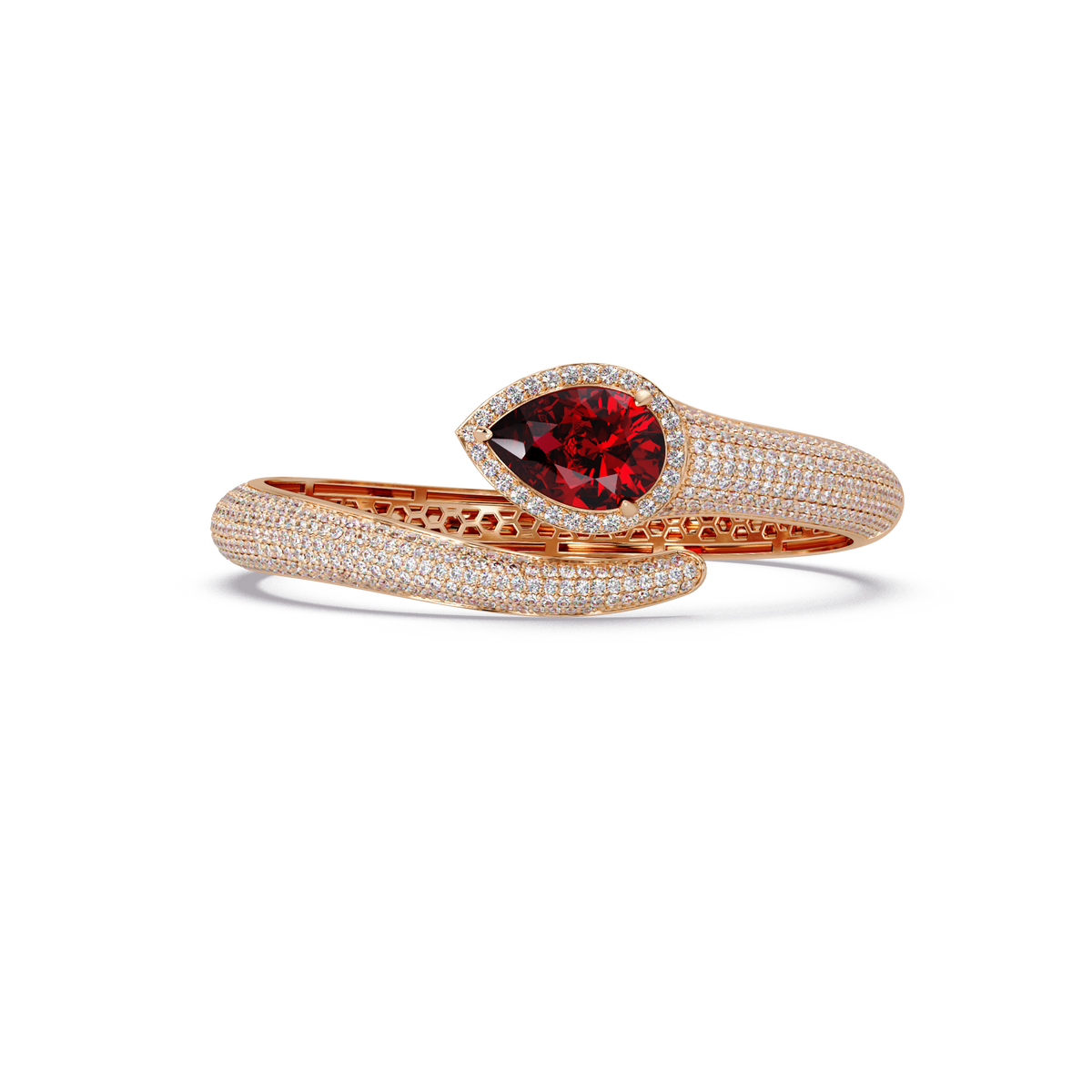 Lunéa Paris pear gemstone pavé open cuff bracelet in rose gold, ruby red stone