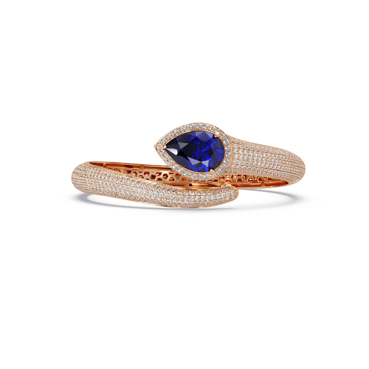 Lunéa Paris pear gemstone pavé open cuff bracelet in rose gold, sapphire blue stone
