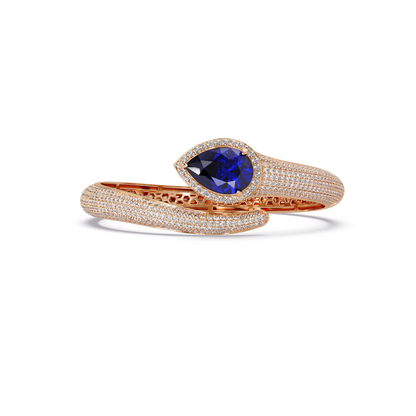Lunéa Paris pear gemstone pavé open cuff bracelet in rose gold, sapphire blue stone